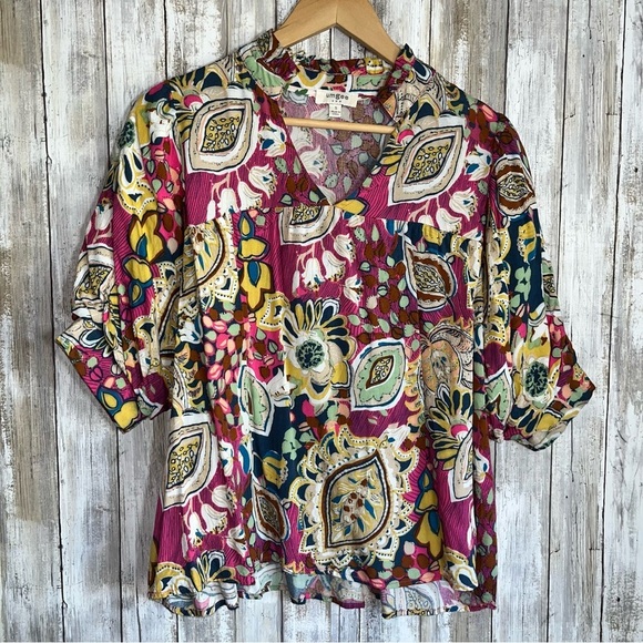 Umgee Alessia Mixed Print Puff Sleeve Blouse - Picture 2 of 8
